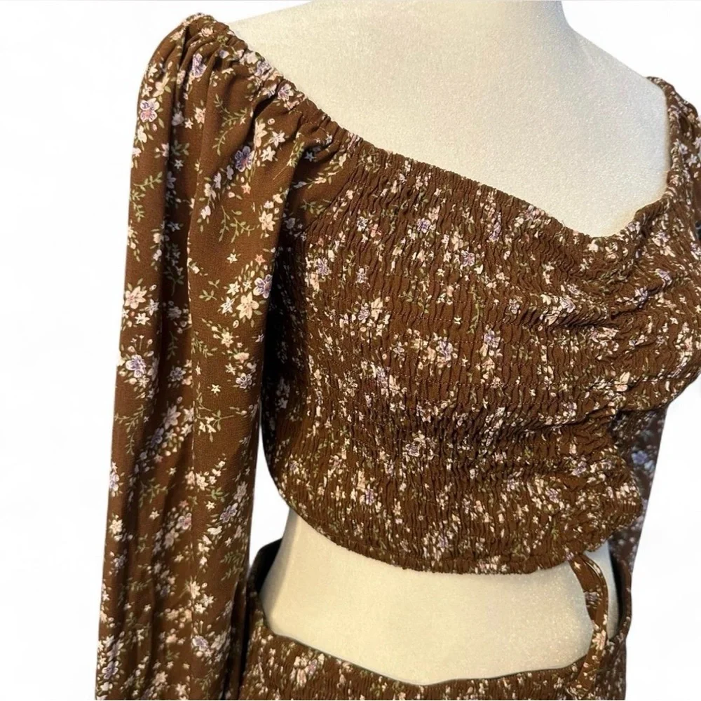 Lulus On My Side L Brown Floral Print Smocked 2 Piece Mini Dress Boho Soft Girl - Picture 4 of 7